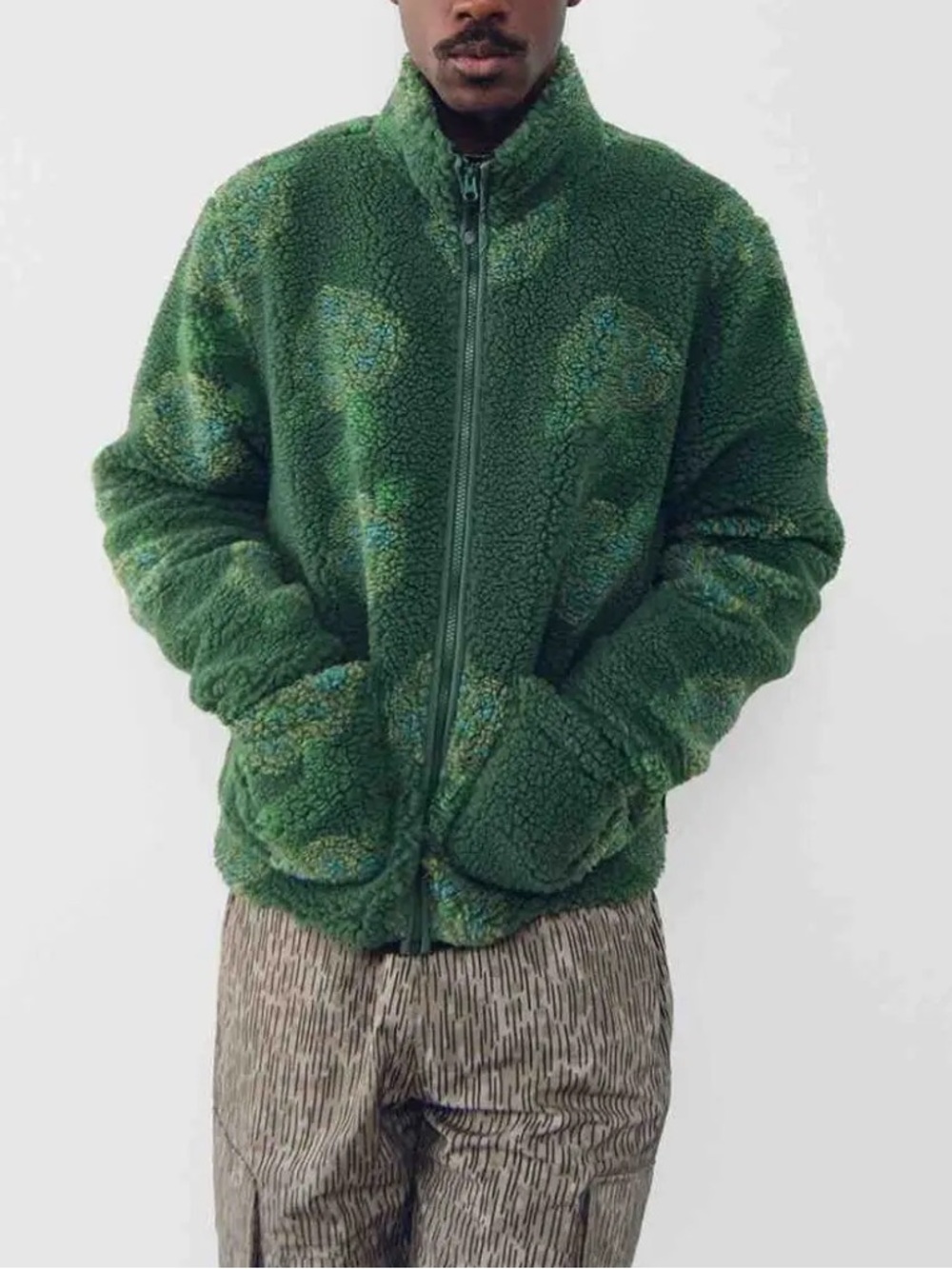 Stussy Dark Green Floral Sherpa Zip Mock Jacket